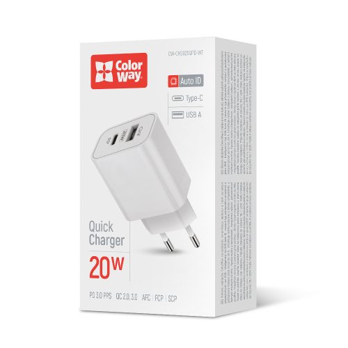 Colorway Hálózati USB-C - USB gyorstöltő adapter -  PD / QC3.0 - 20W - Fehér