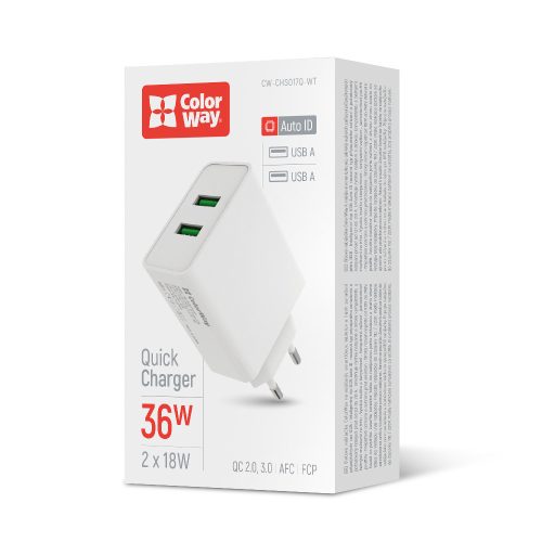 Colorway Hálózati USB töltő - 2x USB port - Quick Charge 3.0 - 36W - Fehér