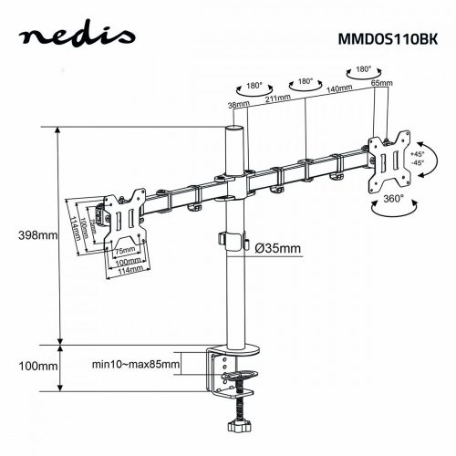 Nedis Asztali Monitor Állvány 2 monitorhoz - 15 - 32 " - Vesa 75x75 100x100