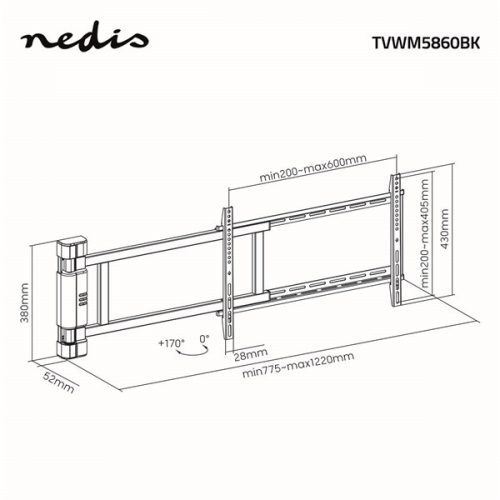 NEDIS TVWM5860BK motoros fali konzol, 32-75",  képernyősúly max. 60 kg, faltáv:56mm, távirányító