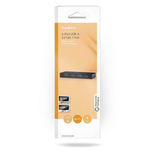 Nedis UHUBU3420BK aktív 4 portos USB HUB, USB 3.2 Gen 1, 5V táp