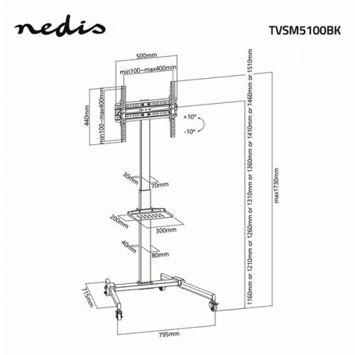 Nedis TVSM5100BK kerekes gurulós LCD TV/Monitor állvány (tartó konzol), 32"-55", szabadon álló, 35kg