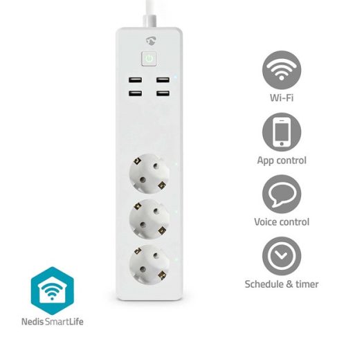 Nedis WIFIP312FWT, WIFI okos elosztó, 3x 230V földelt aljzat / 4x USB aljzat, 16A, 3680W, túlfeszültség védelemmel