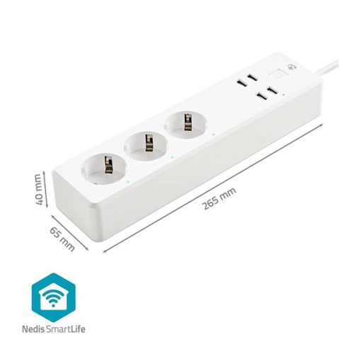 Nedis WIFIP312FWT, WIFI okos elosztó, 3x 230V földelt aljzat / 4x USB aljzat, 16A, 3680W, túlfeszültség védelemmel