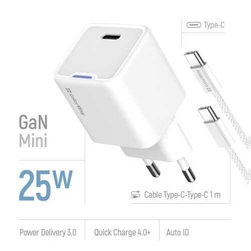 Colorway Mini USB-C töltő GaN 25W PPS USB-C kábellel - Fehér