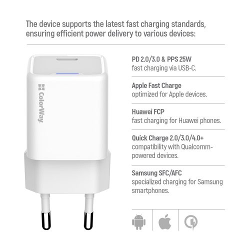Colorway Mini USB-C töltő GaN 25W PPS USB-C kábellel - Fehér