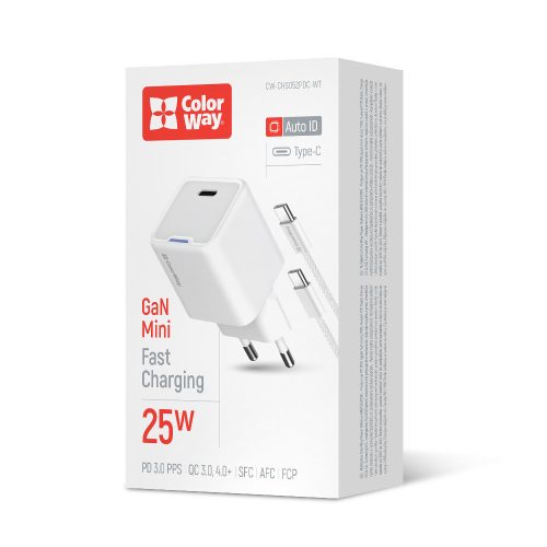 Colorway Mini USB-C töltő GaN 25W PPS USB-C kábellel - Fehér