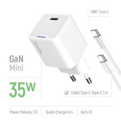   Colorway GaN Mini Hálózati USB-C Töltő Kábellel - Fehér