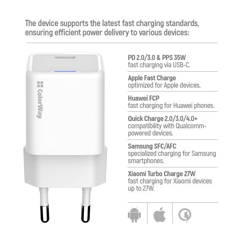 Colorway GaN Mini Hálózati USB-C Töltő Kábellel - Fehér