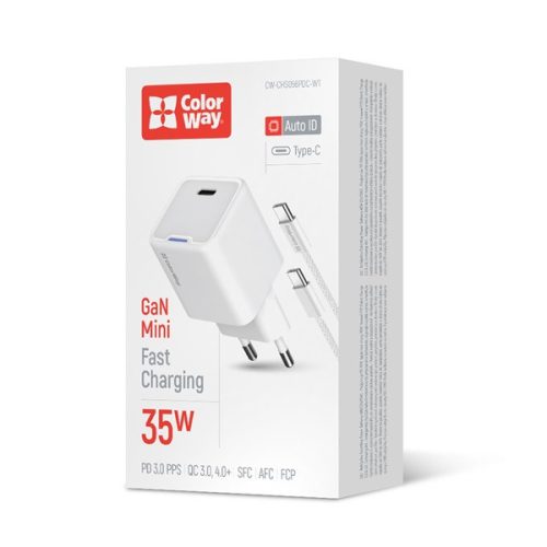 Colorway GaN Mini Hálózati USB-C Töltő Kábellel - Fehér