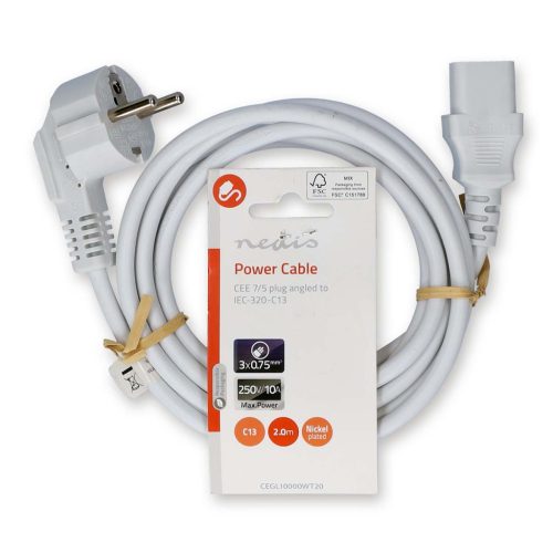 Fehér hálózati könyök tápkábel 2m - 3x0,75 mm² IEC-320-C13
