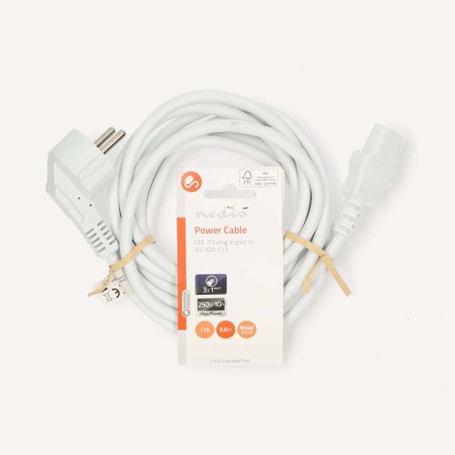 Fehér hálózati könyök tápkábel 3m - 3x1 mm² IEC-320-C13