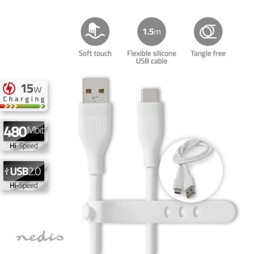 Szilikon USB-C USB-A kábel - Gyorstöltés 15W - USB2.0 - 1.5m - Fehér