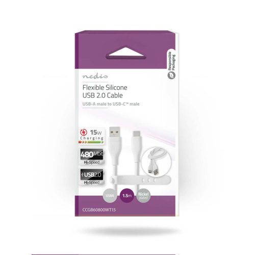 Szilikon USB-C USB-A kábel - Gyorstöltés 15W - USB2.0 - 1.5m - Fehér