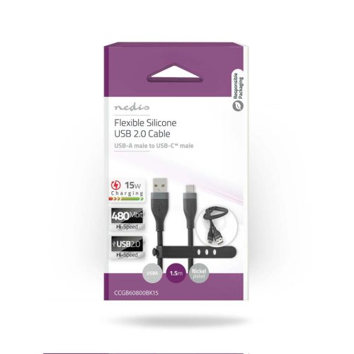 Szilikon USB-C USB-A kábel - Gyorstöltés 15W - USB2.0 - 1.5m - Fekete