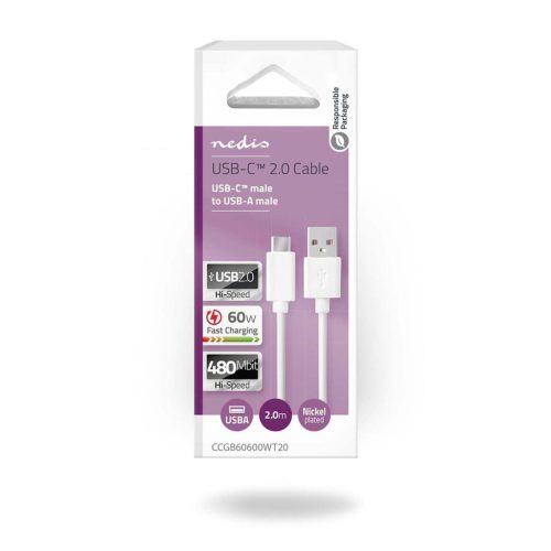 Nedis USB-C - USB kábel - Gyorstöltés - 60 W - 2 m - Fehér