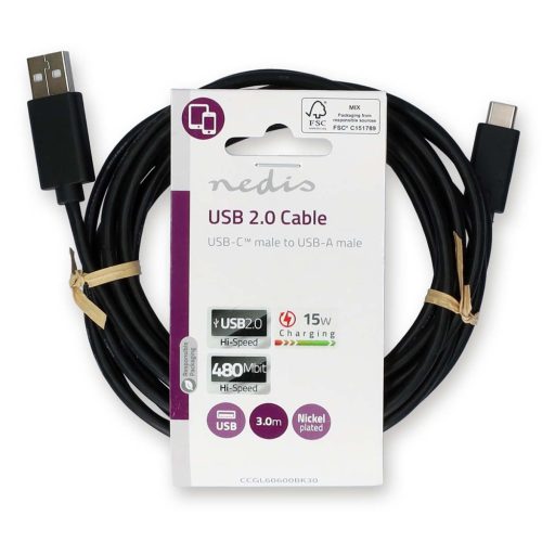 USB-C - USB 2.0 kábel - 15 W - 3 A - 3 m