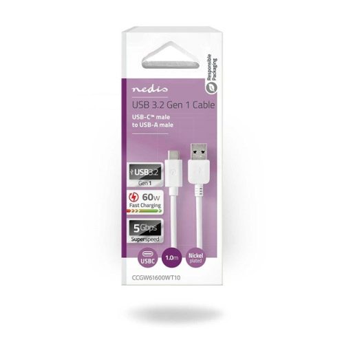Nedis USB-A - USB-C Fehér kábel - USB 3.2 Gen 1 60W 5Gbps - 1m