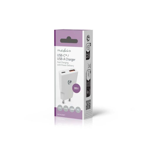 Nedis hálózati USB gyorstöltő 30W USB-C + USB-A PD3.0 + QC GaN Fehér