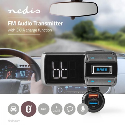 Bluetotth FM tanszmitter Bass Boost - Dupla USB töltő 3 A - MicroSD | Hangvezérlés (CATR101BK)