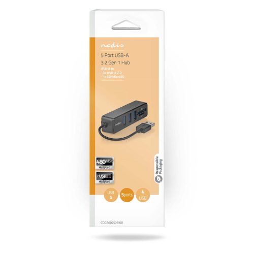 Nedis 3 portos USB hub - micro SD / SD kártyaolvasó - Alumínium