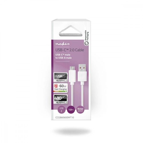 Nedis USB-C - USB kábel - Gyorstöltés - 60 W - 1 m - Fehér