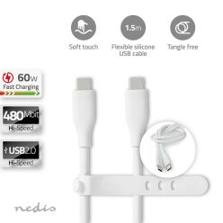   USB-C Gyorstöltő kábel - 60 W - 480 Mbps - Fehér - Szilikon - 1.5m