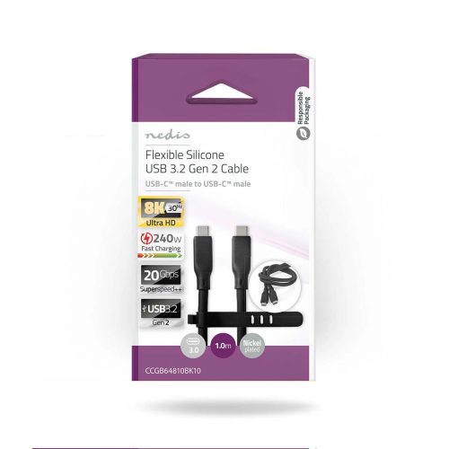 USB-C gyorstöltő kábel - USB 3.2 Gen 2 - 240 W - 8K@30Hz - 20 Gbps - Szilikon - 1 m