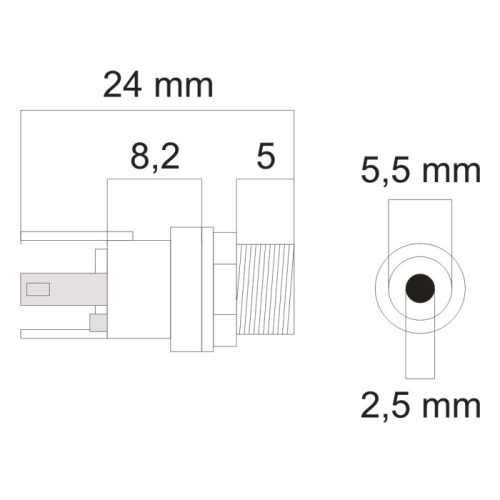 Beépíthető DC aljzat 5,5 / 2,5
