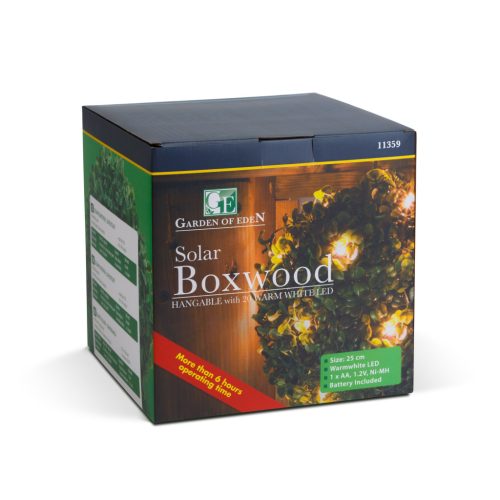 Felakasztható Napelemes Bukszus - 25 cm - 20 melegfehér LED