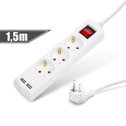   Hálózati Elosztó 3-as - 3 x 1,5 mm - 2x USB - Kapcsoló - 1,5 m