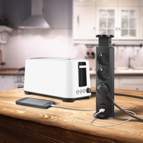 Süllyeszthető elosztó 3 aljzat - 2db USB port - Fekete