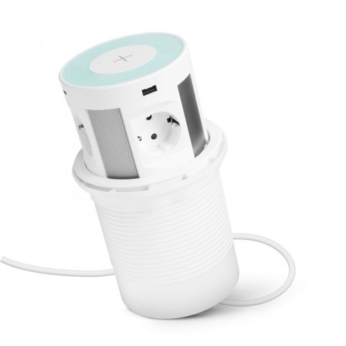 Rejtett elosztó csomagolása, USB-A és USB-C portokkal, vezeték nélküli töltőpad