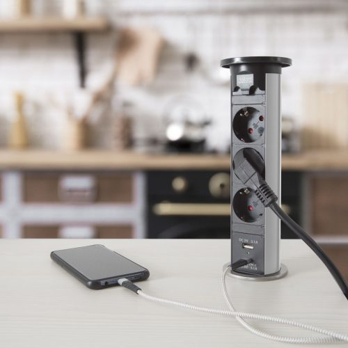 Motoros Süllyeszthető Rejtett Elosztó - USB / USB-C töltő - Ezüst