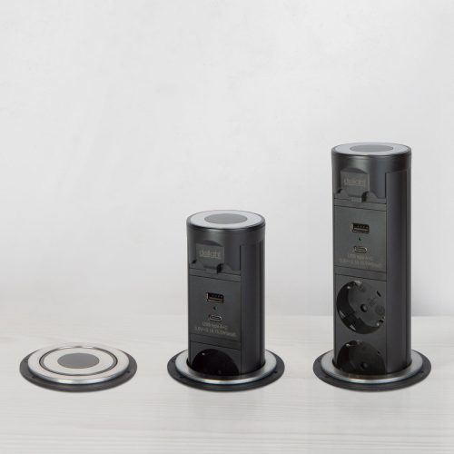  Motoros Süllyeszthető Rejtett Elosztó - Touch Controll - USB / USB-C töltő  - Fekete
