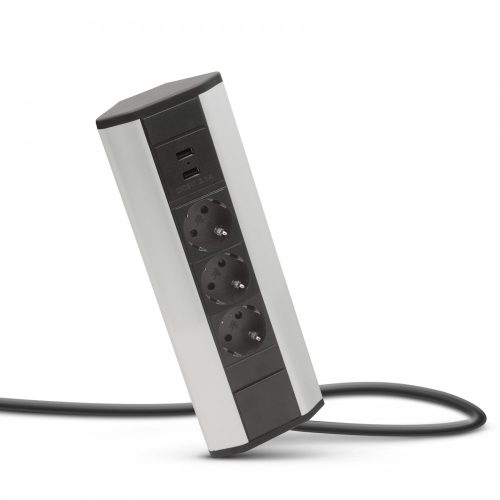 Sarokelosztó 3 aljzattal - 2 x USB - Alumínium ház
