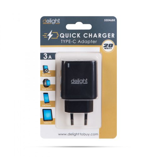Delight hálózati USB-C gyorstöltő 20W PD – LED visszajelzővel - Fekete