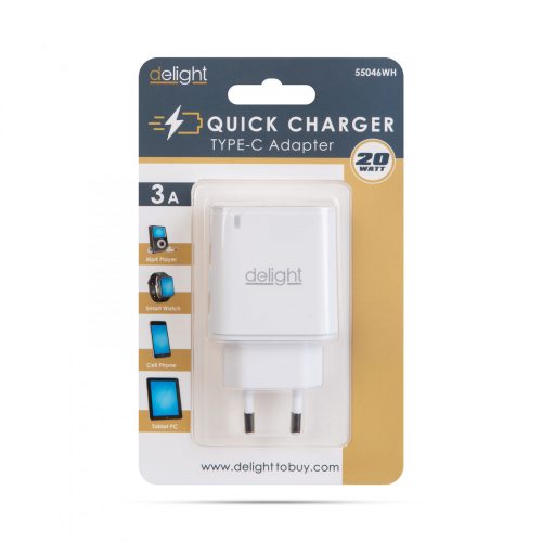 Delight hálózati USB-C gyorstöltő 20W PD - LED visszajelzés - Fehér