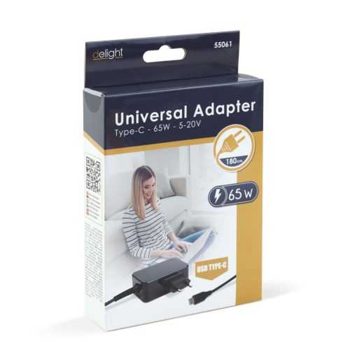 Delight USB-C Töltő - 65W - 5-20V - 1,8 m - fekete