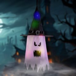   Halloween LED-es szellem dekoráció - rózsaszín - 10 színes LED - akasztható - 75 × 35 cm