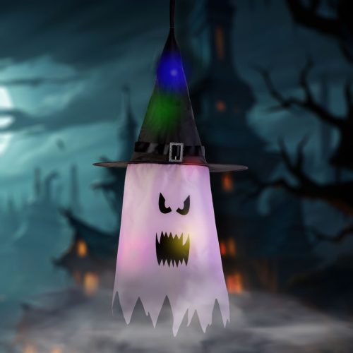 Halloween LED-es szellem dekoráció - rózsaszín - 10 színes LED - akasztható - 75 × 35 cm