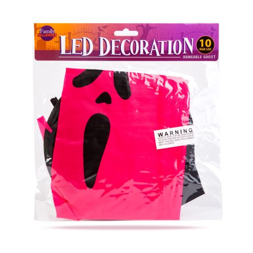 Halloween LED-es szellem dekoráció - rózsaszín - 10 színes LED - akasztható - 75 × 35 cm