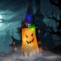   Halloween LED-es szellem dekoráció - sárga - 10 színes LED - akasztható - 75 × 35 cm
