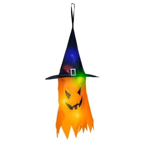 Halloween LED-es szellem dekoráció - sárga - 10 színes LED - akasztható - 75 × 35 cm