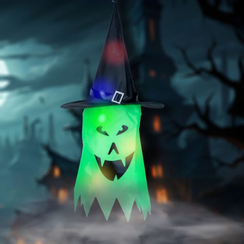 Halloween LED-es szellem dekoráció - zöld - 10 színes LED - akasztható - 75 × 35 cm