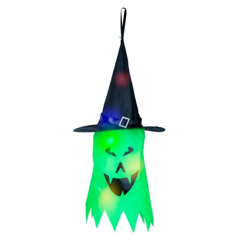 Halloween LED-es szellem dekoráció - zöld - 10 színes LED - akasztható - 75 × 35 cm