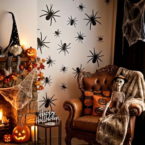 Halloween pók dekoráció szett - öntapadós - fekete - 30 db