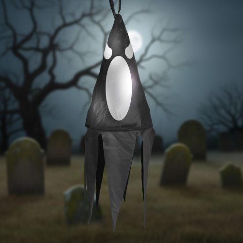 Halloween LED-es szellem dekoráció - fekete - 10 színes LED - akasztható - 75 × 20 cm