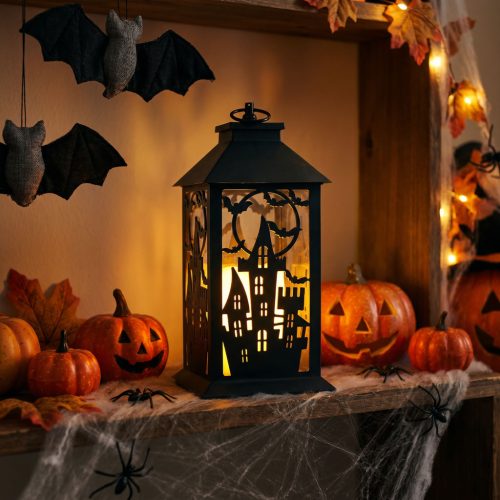 Halloween pislákoló lámpás - kastély - elemes - fekete - 30 × 14 cm