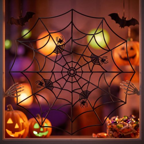 Halloween pókháló dekoráció - fekete - 4 db sarokelemmel - 30 × 30 cm